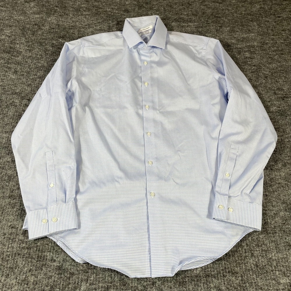 Calvin Klein Shirt Mens 17 34 35 L Blue Check Plaid Button Up Business Wedding